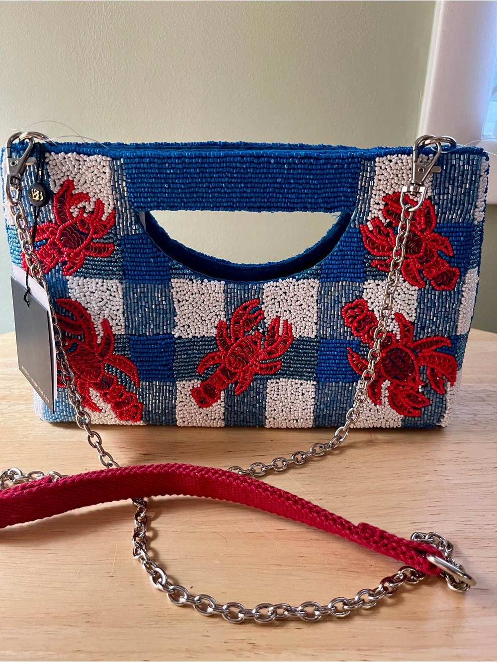 Beaded Blue Checkered Lobster Clutch with Shoulder Strap - Picture 2 of 5
